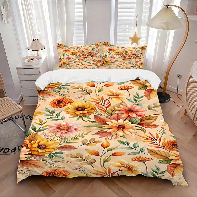 3pcs Autumn Flowers 1Cover + 2Pillowcases, PillowInserts NotIncluded, Machine Washable, All - Season Use, Suitable for Bedroom Guest Room86