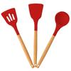 Non-Stick Silicone Cooking Utensils Set, 3 Pcs with Wooden Handle, Heat Resistant Silicone Kitchen Gadgets (Red)