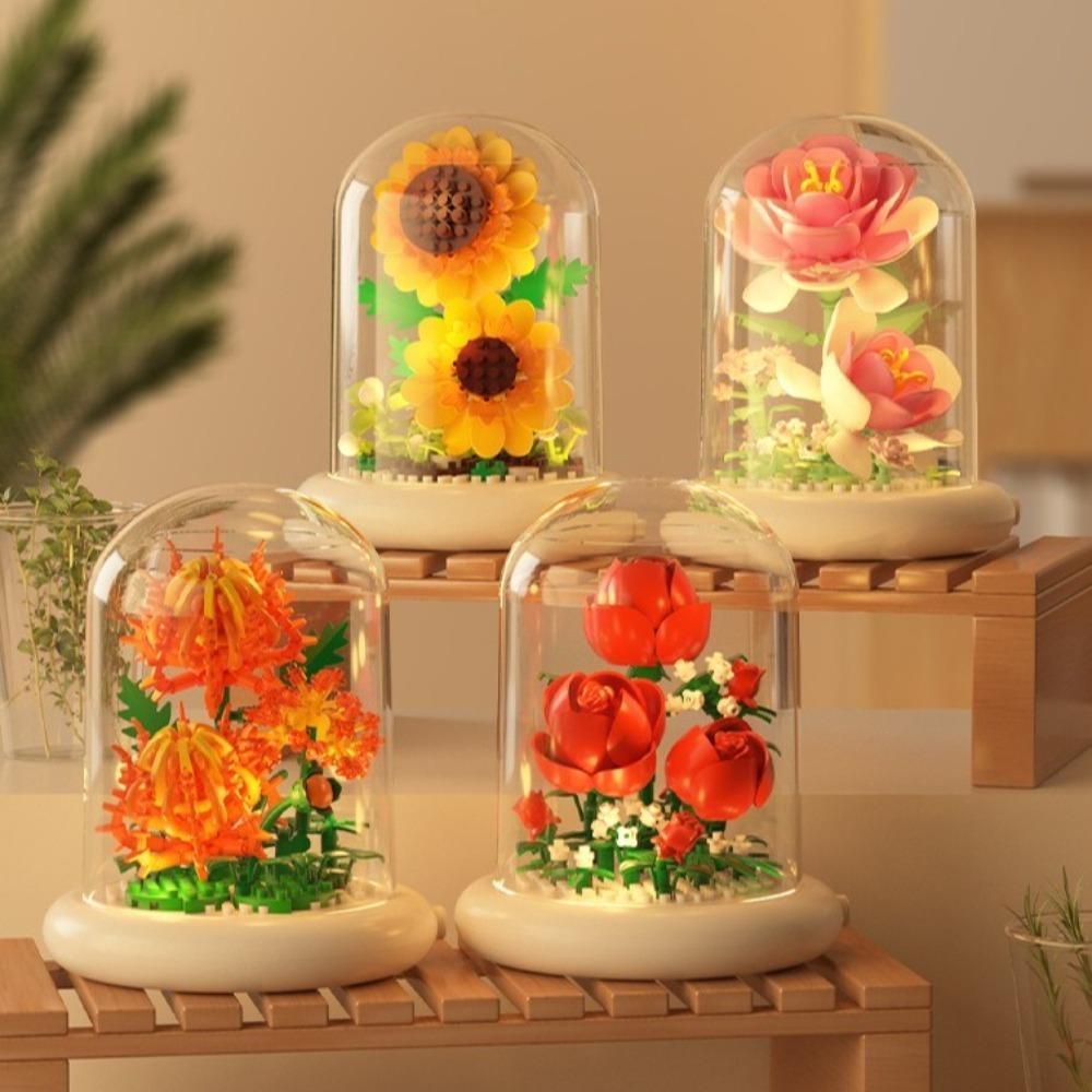 Flower Bouquet Building Blocks With Dust Cover Plastic Plant Bonsai Building Toys Lighted Base Battery Powered Desktop Ornaments