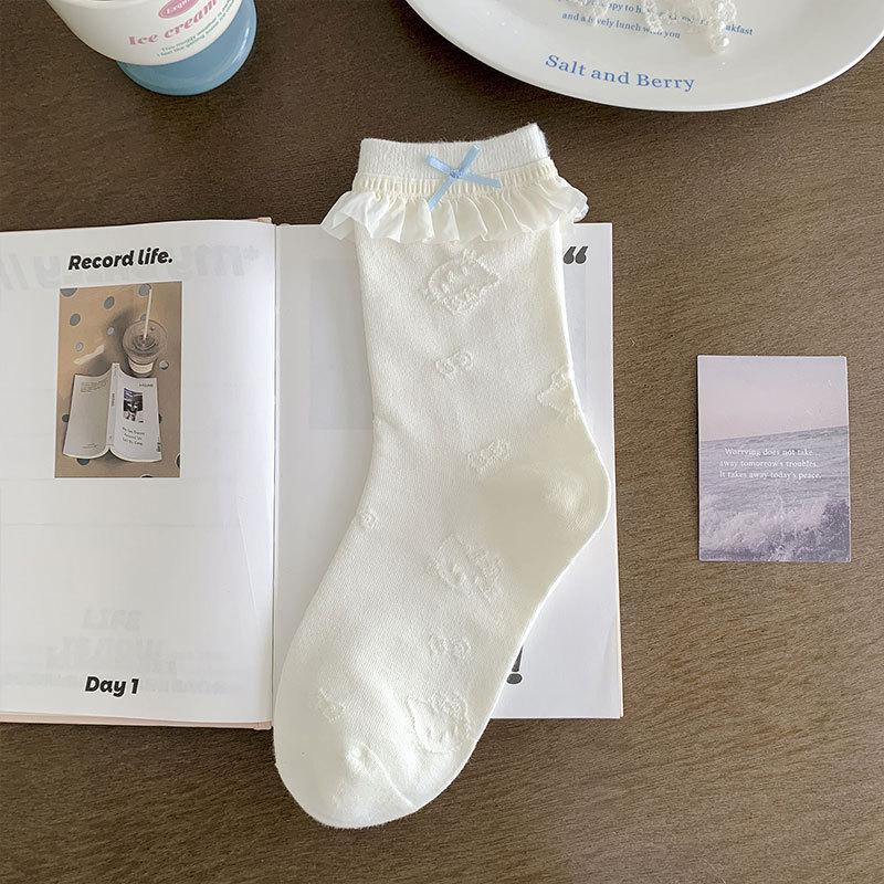 Женские весенне-осенние милые носки-гольфы средней длины с бантом и кружевом в сочетающихся цветах