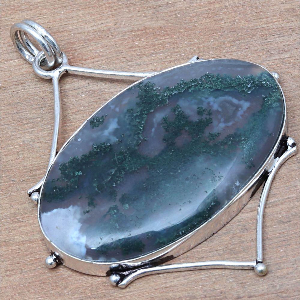 Ожерелье Моховой Агат Драгоценный камень Ручной работы Античное серебро Ювелирные изделия 2,25"