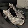 Модные прозрачные босоножки на каблуке Женские 2025 Лето Новая мода Квадратный носок со стразами Высокие каблуки Шлепанцы Женская обувь