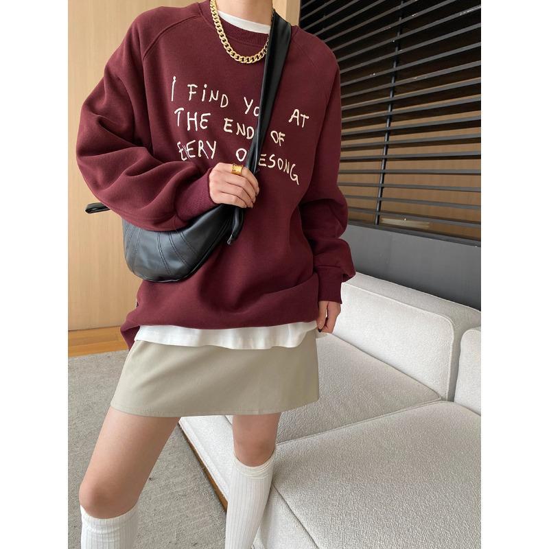 Синан Свободный стиль блогера Американский акцент Рукав реглан Боковая молния Повседневный Плюс Бархатный свитер SN6837