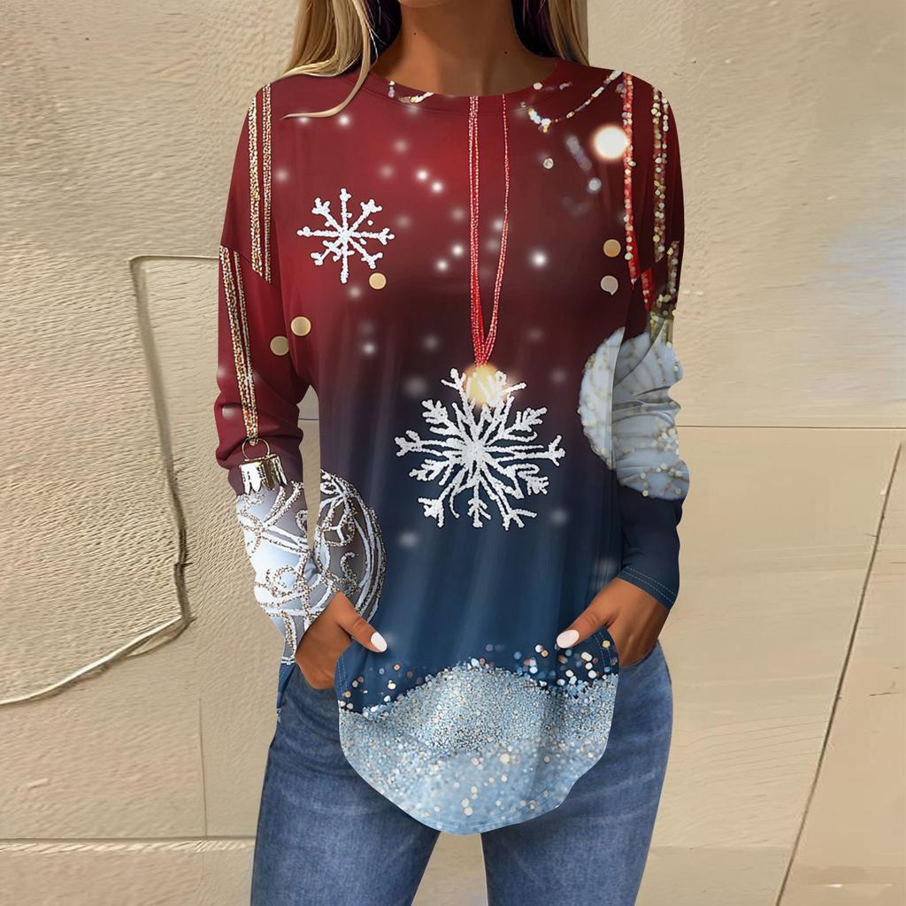 Женская свободная футболка с круглым вырезом и длинными рукавами с принтом в стиле ретро, пуловер на Рождество