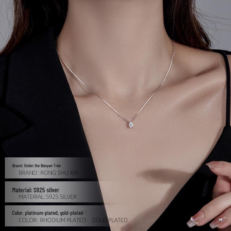Banyan Tree S925 Silver Zircon Water Drop Necklace - Elegant Clavicle Chain Design for Women