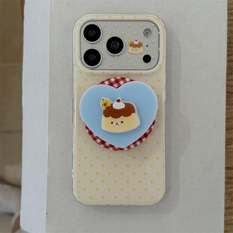 Kawaii Pudding Cartoon Yellow Polka Dot Magnetic Phone Case With Heart Pop Socket For iPhone 15 16 17 Pro Max INS Cute Shockproo
