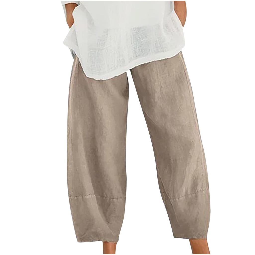Women's Wide Leg Pants Linen Loose Pants Summer Casual Solid Color Cropped Pants With Pockets