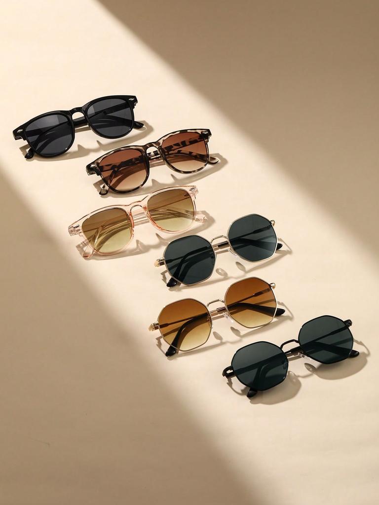 6Pcs Unisex Geometric Plastic&Metal Frame Fashion Sunglasses For Outdoor Hiking Travel