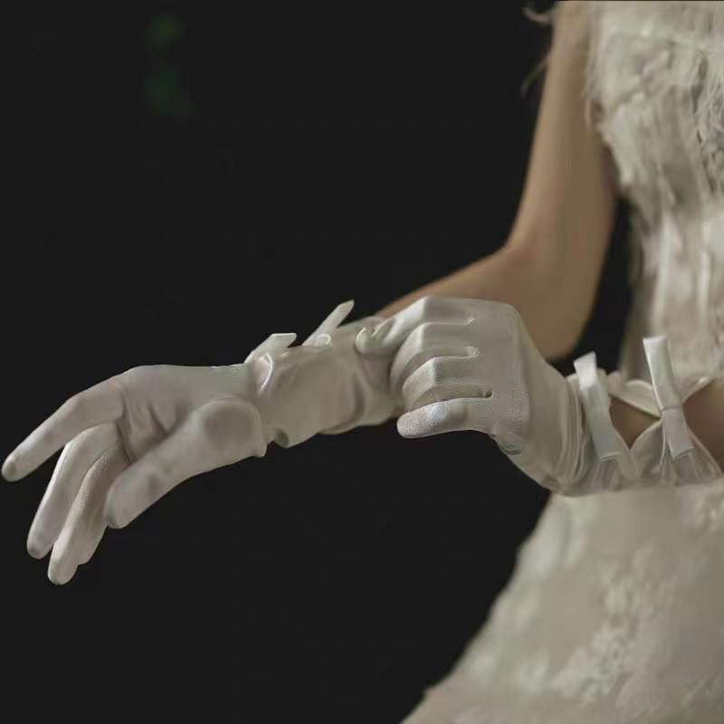 Bridal Gloves White Wedding Gloves White Bow Satin Satin Gloves Wedding Dress Thin