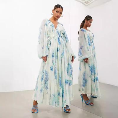 Женское шифоновое платье с принтом V-образный вырез, визуальные складки, заниженная талия, длинные рукава