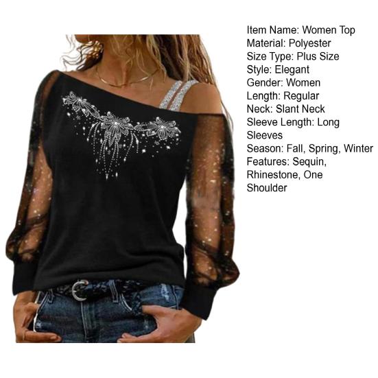 Осень-весна, женский топ, прозрачная сетка, лоскутное шитье, блестящие блестки, стразы, диагональный воротник, свободный длинный рукав, цветочный узор, одно плечо, плюс