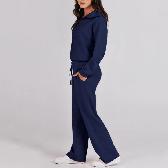 2Pcs/Set Women Solid Color Casual Outfit Lapel Zipper Neckline Long Sleeve Sweatshirt Elastic Waist Drawstring Wide Leg Pants Set