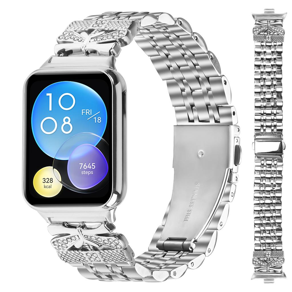 Для Xiaomi Smart Band 9 Pro/8 Pro Металлический ремешок для часов Декор из страз в виде бабочки Серебряный браслет на запястье из нержавеющей стали