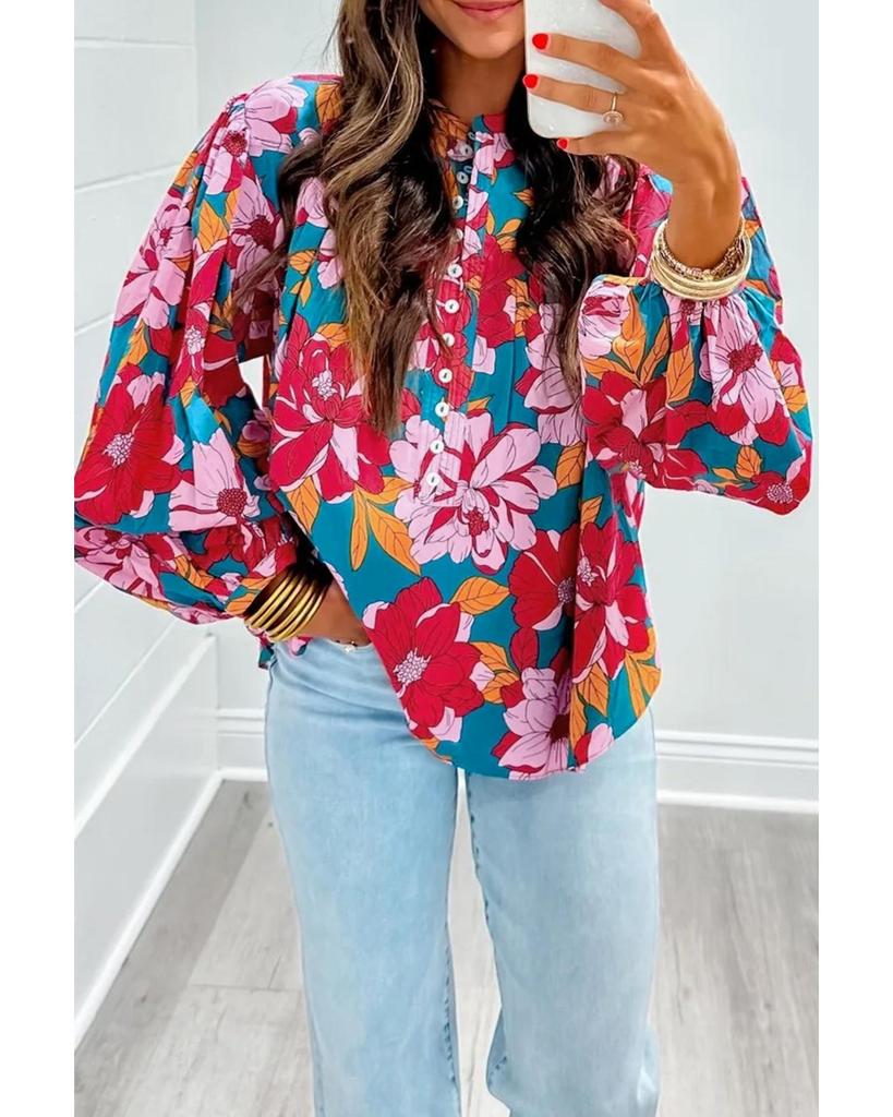 Azura Exchange Red Floral Printed Balloon Sleeve Half Buttons Blouse