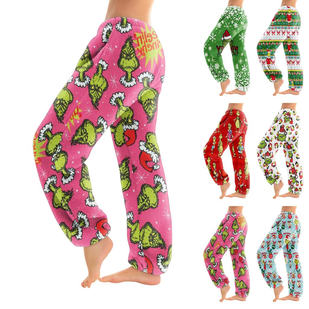 Women's Christmas  Print Trousers With Drawstring Cuffs Casual Pants And Pajamas