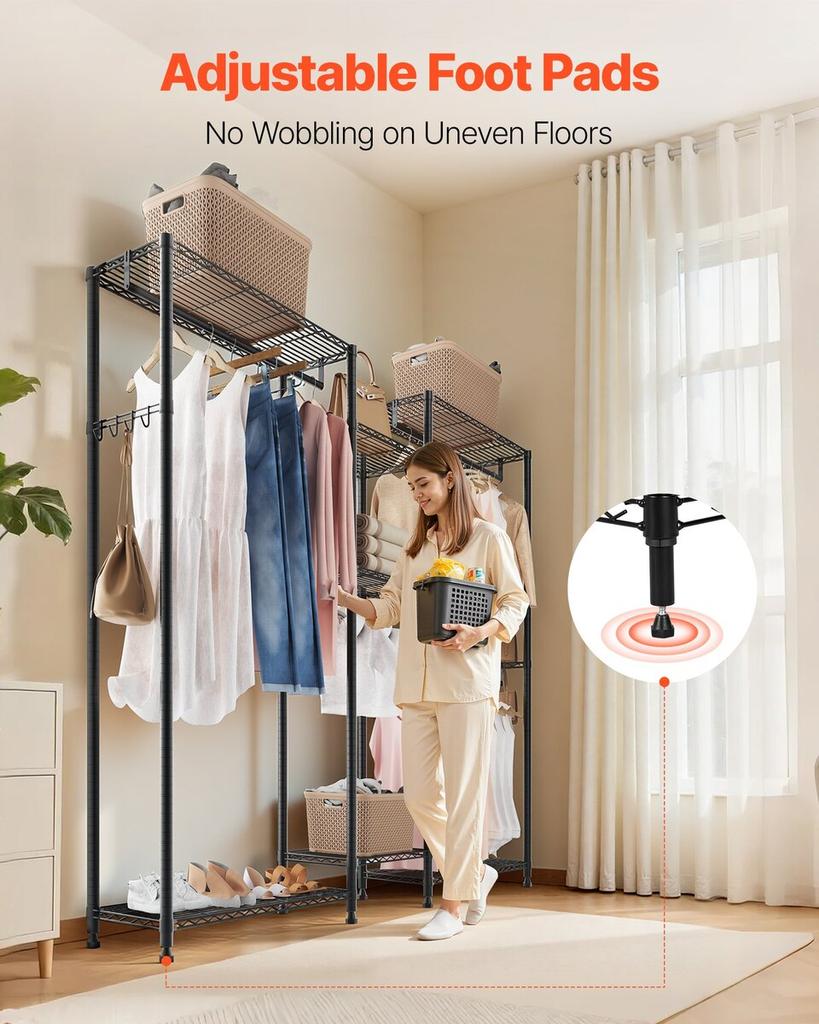 Clothing Garment Rack, Heavy Duty Closet Wardrobe, 7 Adjustable Tiers Clothes Racks with Steel Frame, 385.5 kg Load Capacity Clothes Rack with 4
