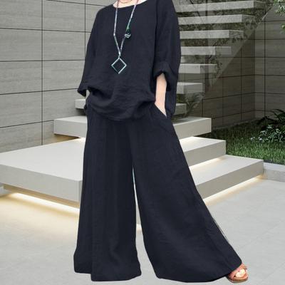 2 шт./комплект женский топ брюки комплект круглый вырез ретро длинные рукава блузка широкий