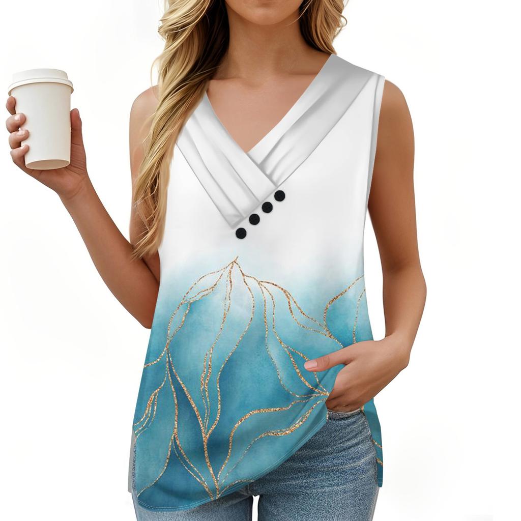 Женская майка с винтажным цветочным принтом, летняя футболка на пуговицах с V-образным вырезом, свободный модный топ без рукавов