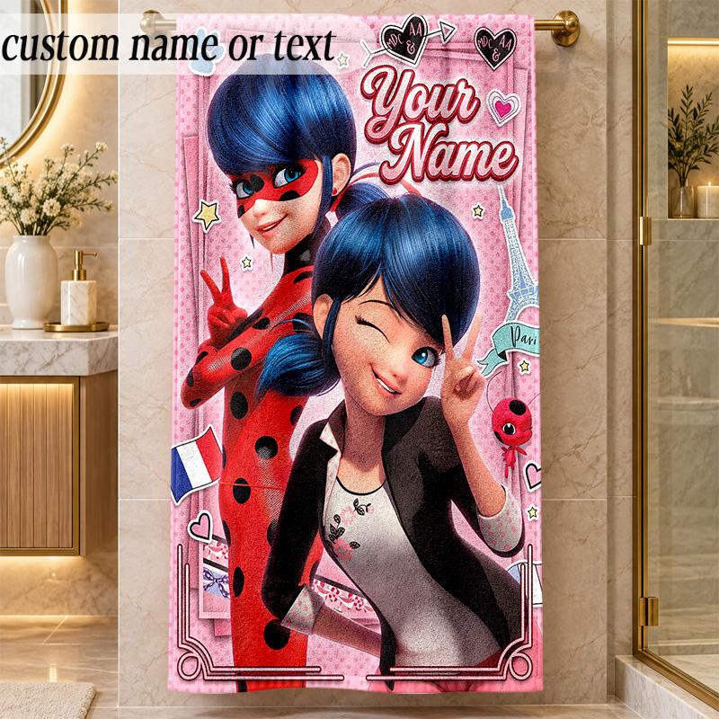 Beach TowelMiraculous Ladybug Custom Name Text Personalized Soft Towel for Beach Pool Indoor Home Decor Gift