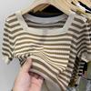 Женские свитера, пуловеры, 2025, лето, короткий рукав, квадратный воротник, полосатый черный вязаный свитер, женские топы, пуловер JJ280