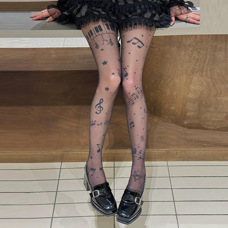 2025 Новые колготки с милыми музыкальными нотами, прозрачные черные колготки для женщин, тонкие эластичные чулки, милые леггинсы, модный чулочно-носочный трикотаж