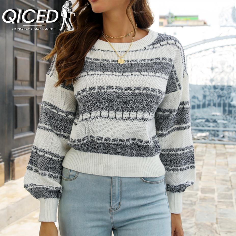 QICED Женская мода, повседневный полосатый принт, осень-зима, свободные свитера с длинным рукавом и круглым вырезом