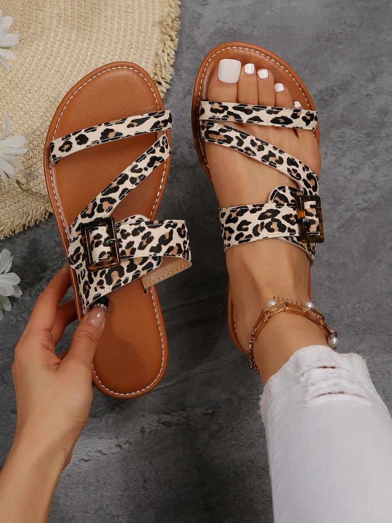 Мода 2024 Женские летние сандалии с леопардовым принтом Новая мода Ретро Большие плоские шлепанцы Уличная обувь для отпуска Пляжная повседневная обувь Легкая