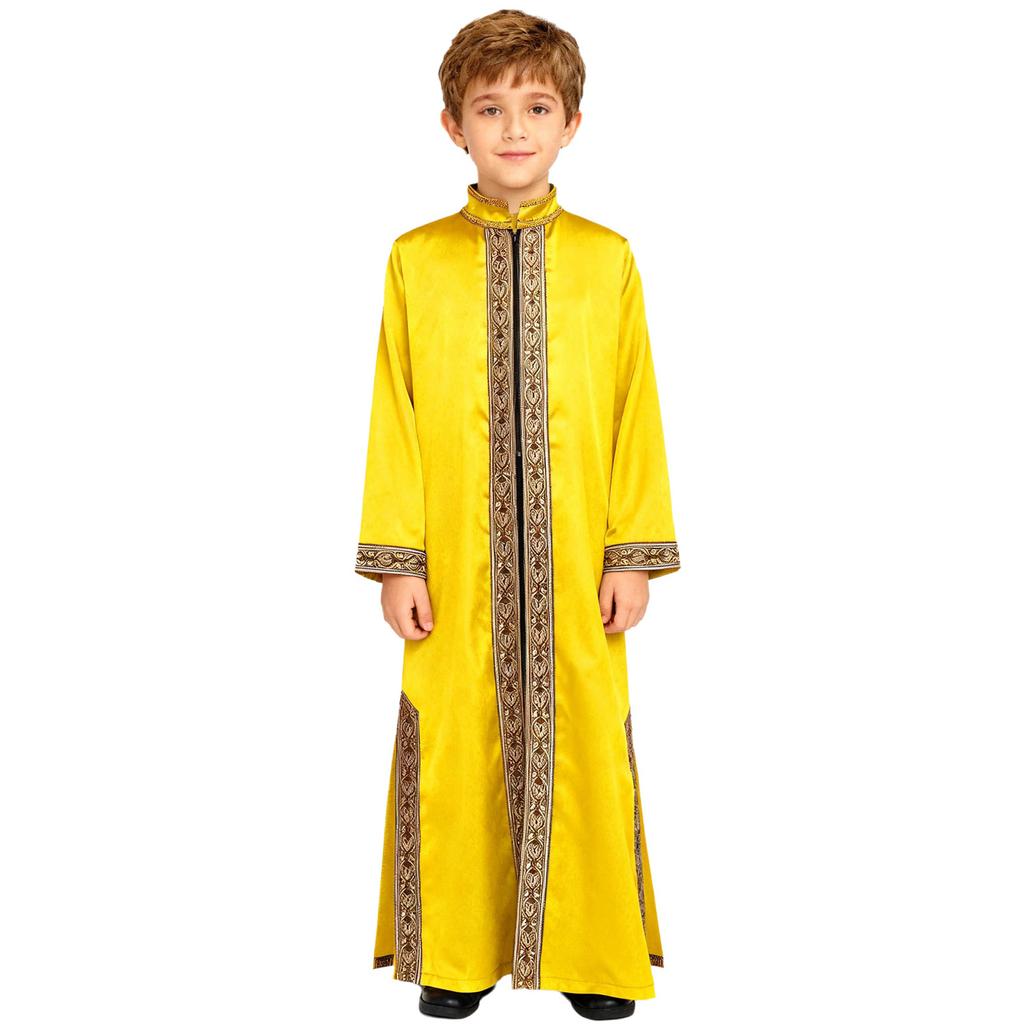 Boys Arab Gown Islamic Robe Long Sleeve Stand Collar Gold Embroidery Maxi Kaftan Festival Holiday Costume
