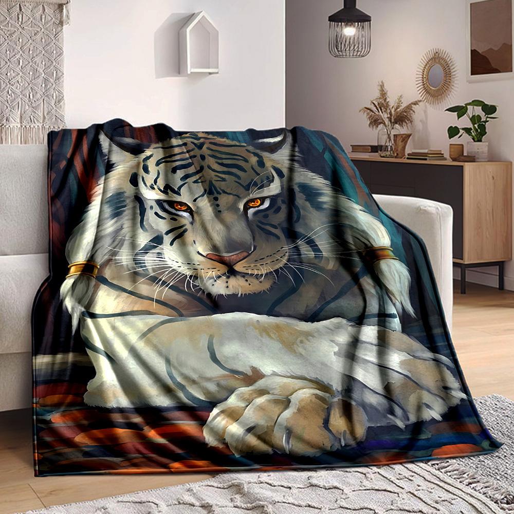 1pc White Tiger Print Blanket Lightweight Blanket Throw Blanket For Sofa, Bed, Travel, Camping, Livingroom, Office, Couch, Chair yy251010047