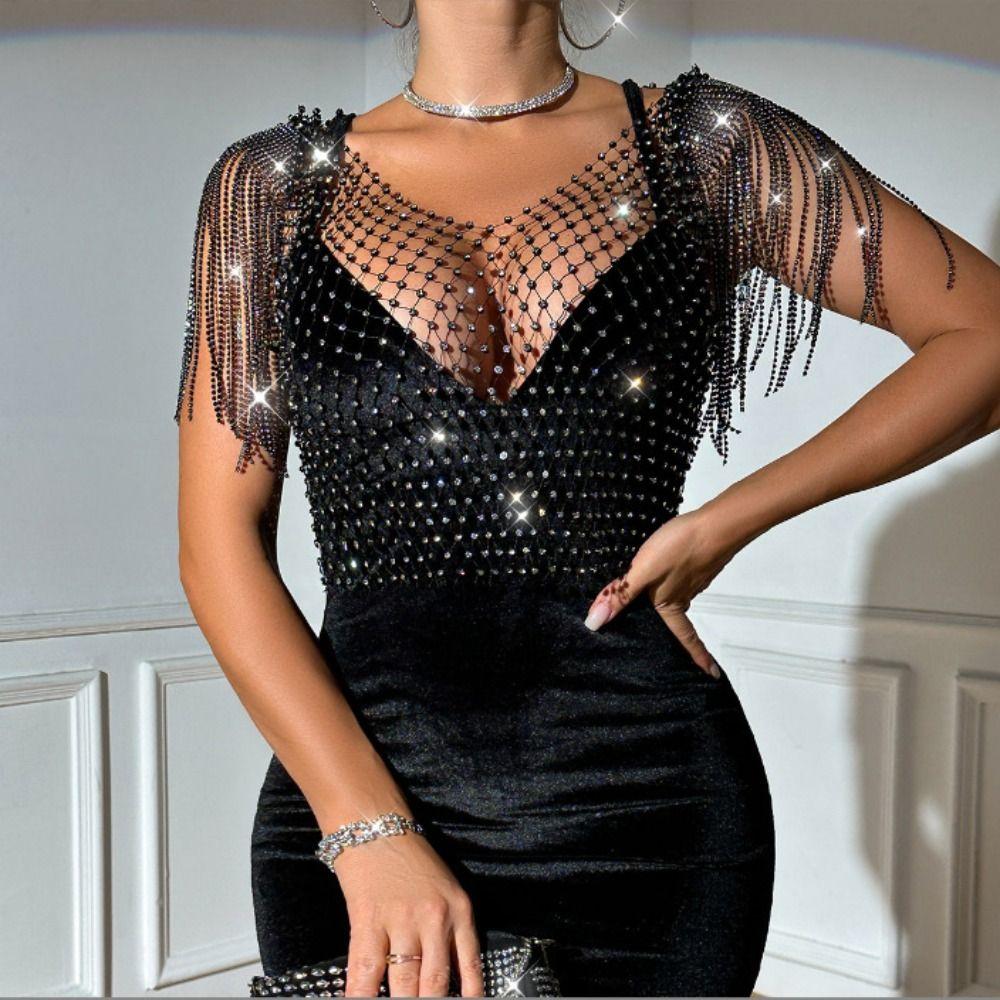 Стразы Стразы Топы-сетки с кисточками Шаль Прозрачная футболка с кисточками Шаль Женщины