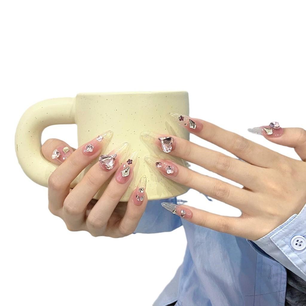 HANDMADE Artificial Nail French Heart Diamond Gradient Ice Pattern Almond Phototherapy Nails Fake Nails Reusable and Removable Nails