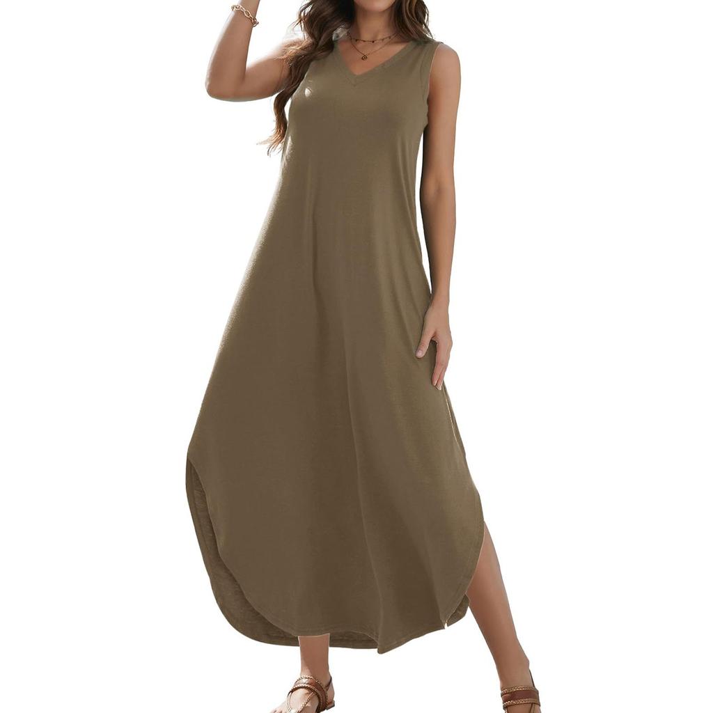 Women's 2024 Summer Casual Loose Sundress Long Dress Solid Color Sleeveless V Neck Split Tshirt Maxi Dresses