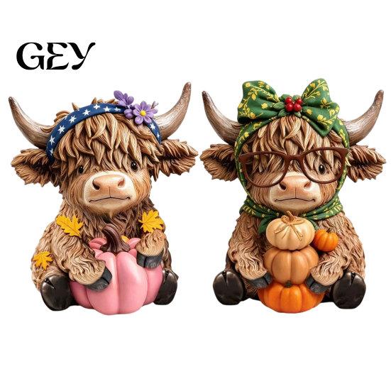 Thanksgiving Theme Ornament 2PCS Highland Cow Ornament, Wooden Rustic Style Figurine, Polished Wood Art Art, for Entrance Living Room Decor Figurine