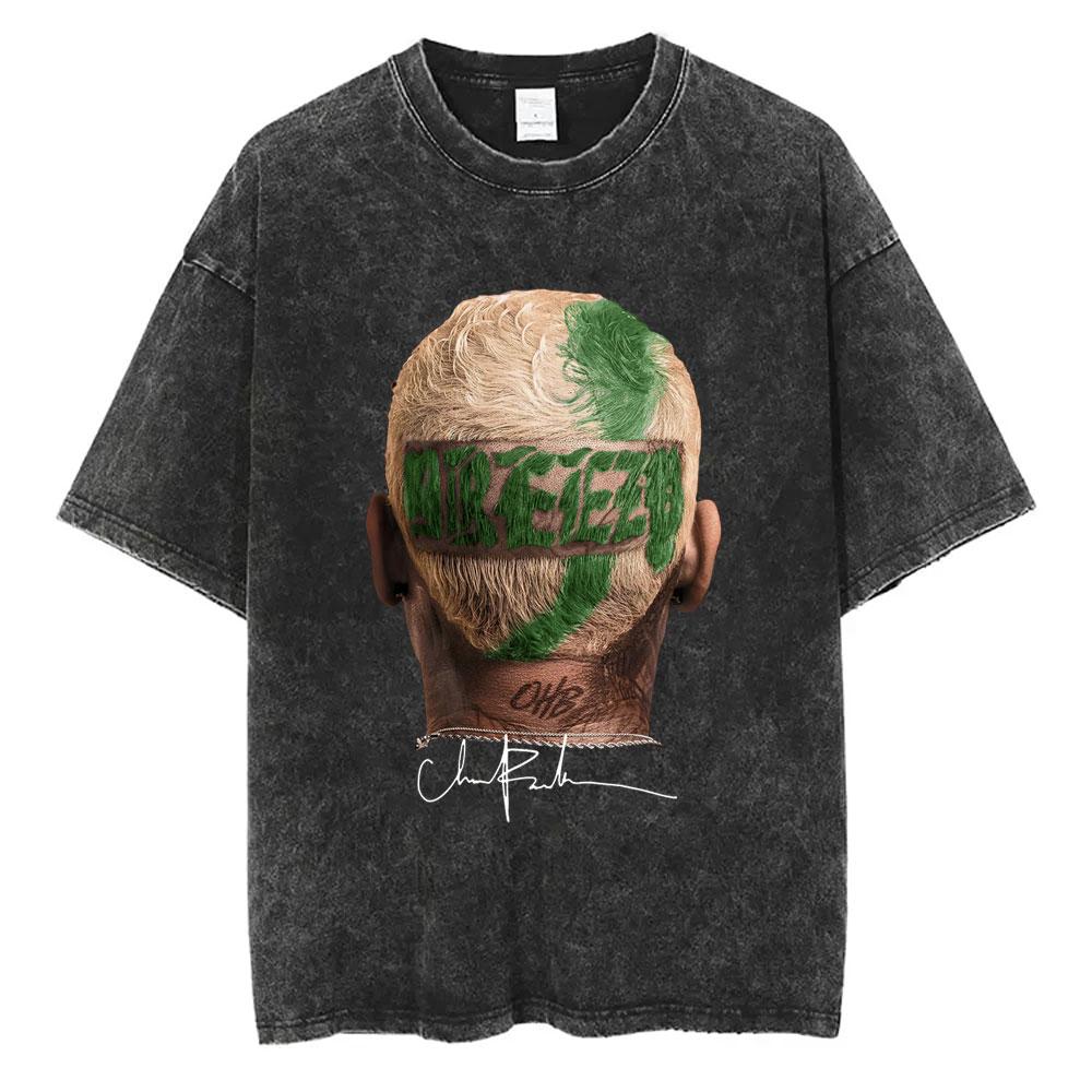 Washed Chris Brown Music Album Cover Print Tshirt Breezy Bowl XX Tour Merch T Shirts Men Women Hip Hop High Quality Tshirt
