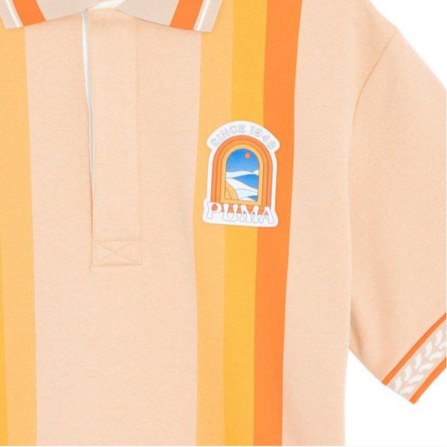 Puma Apres Court с коротким рукавом и принтом букв, цветные блоки, удобная свободная рубашка-поло унисекс, топы Soft-Sand 628233-32