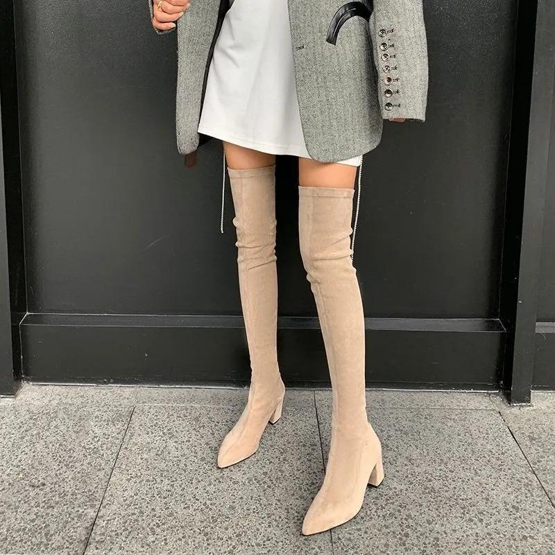 Сексуальные высокие сапоги женские 2024 зима новая мода ботфорты теплые боты замшевые шнуровка туфли-лодочки носки туфли на высоком каблуке сапоги