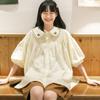 Японская милая женская рубашка с пышными рукавами, однотонный дизайн с вышивкой, воротник Питера Пэна, женская блузка с короткими рукавами, летняя свободная универсальная блузка