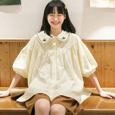 Японская милая женская рубашка с пышными рукавами, однотонный дизайн с вышивкой, воротник Питера Пэна, женская блузка с короткими рукавами, летняя свободная универсальная блузка