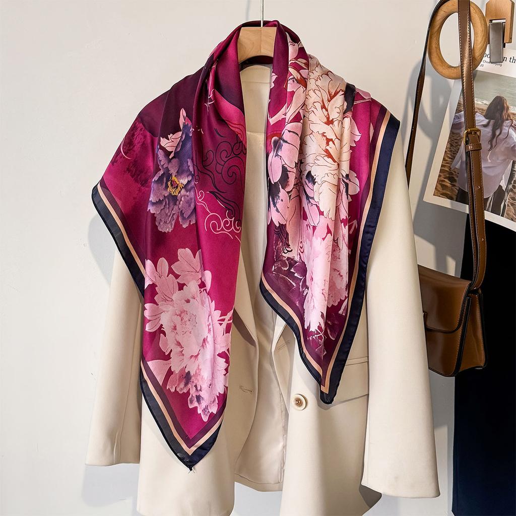 Квадратный платок 90 см Ретро цветочный принт Шелковые платки Шейные платки Головной платок Парео Шали Хиджабы для женщины Сатиновая бандана Головной платок