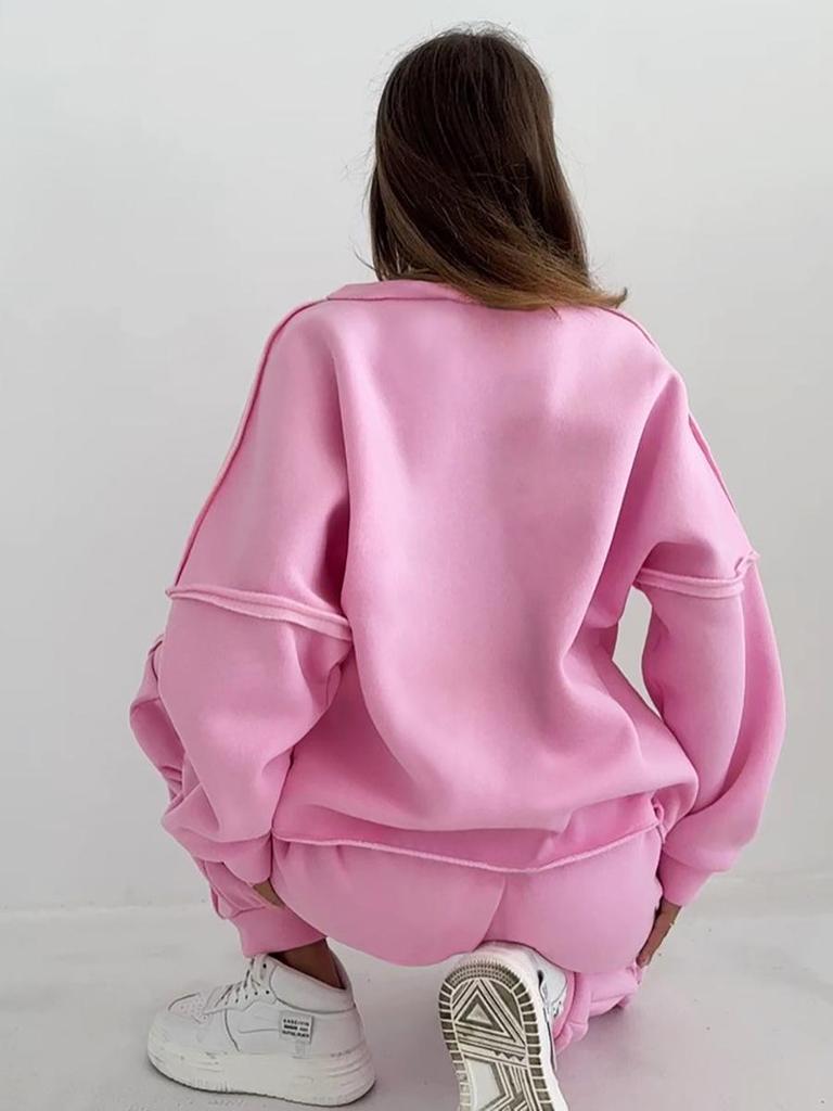 2023 Pink Sport Fleece Sweatshirt & High Waist Sweatpants Set - European & American Autumn Fashion for Women