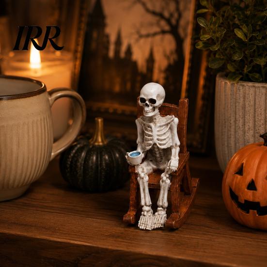 Collectible Skeleton Shelf Sitter Halloween Figurine, Resin Sitting on Rocking Chair Statue, Drinking Funny Dark Holiday Figurines Coffee Crocheting
