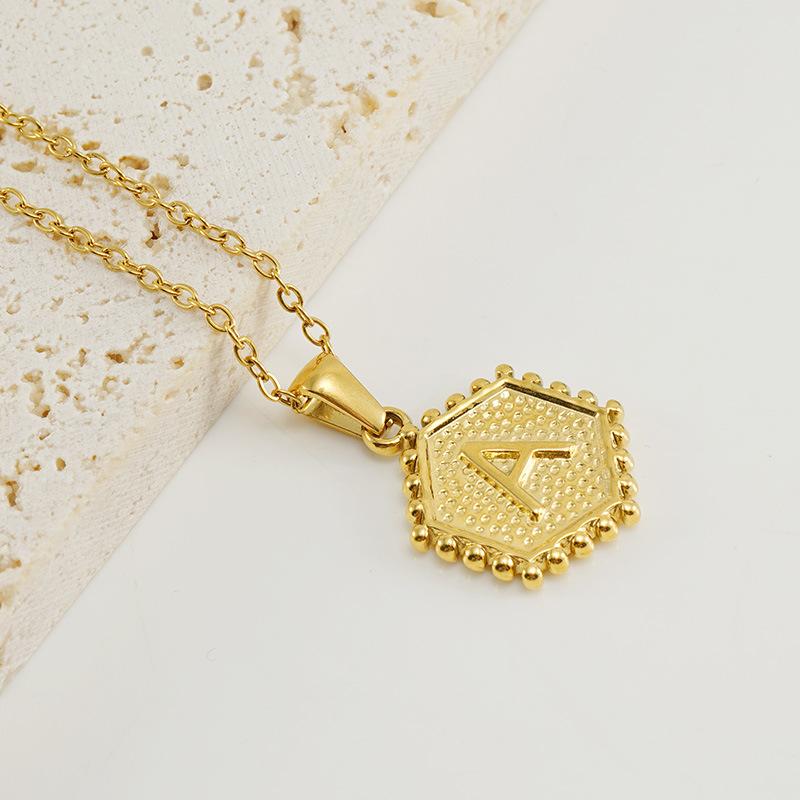 New Fashion Titanium Steel Hexagonal Letter Pendant Stainless Steel 26 English Letter Necklace Female