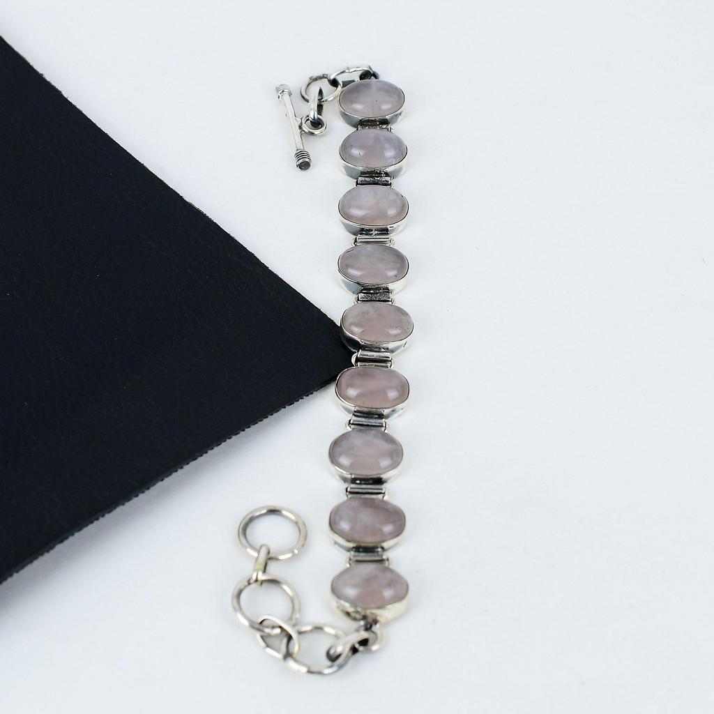 Браслет из натурального розового кварца ручной работы из стерлингового серебра 925 пробы, браслет из розового кварца для жены, браслет унисекс, подарок на день рождения для любимой