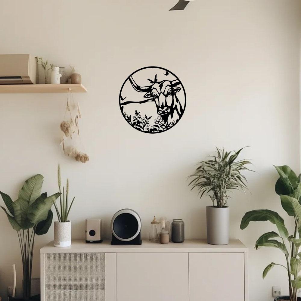 1pc Highland Cow Metal Wall Decor Texas Longhorn Cattle Artwork Animal Wall Art Sticker Interior Living Room/Home Decoration