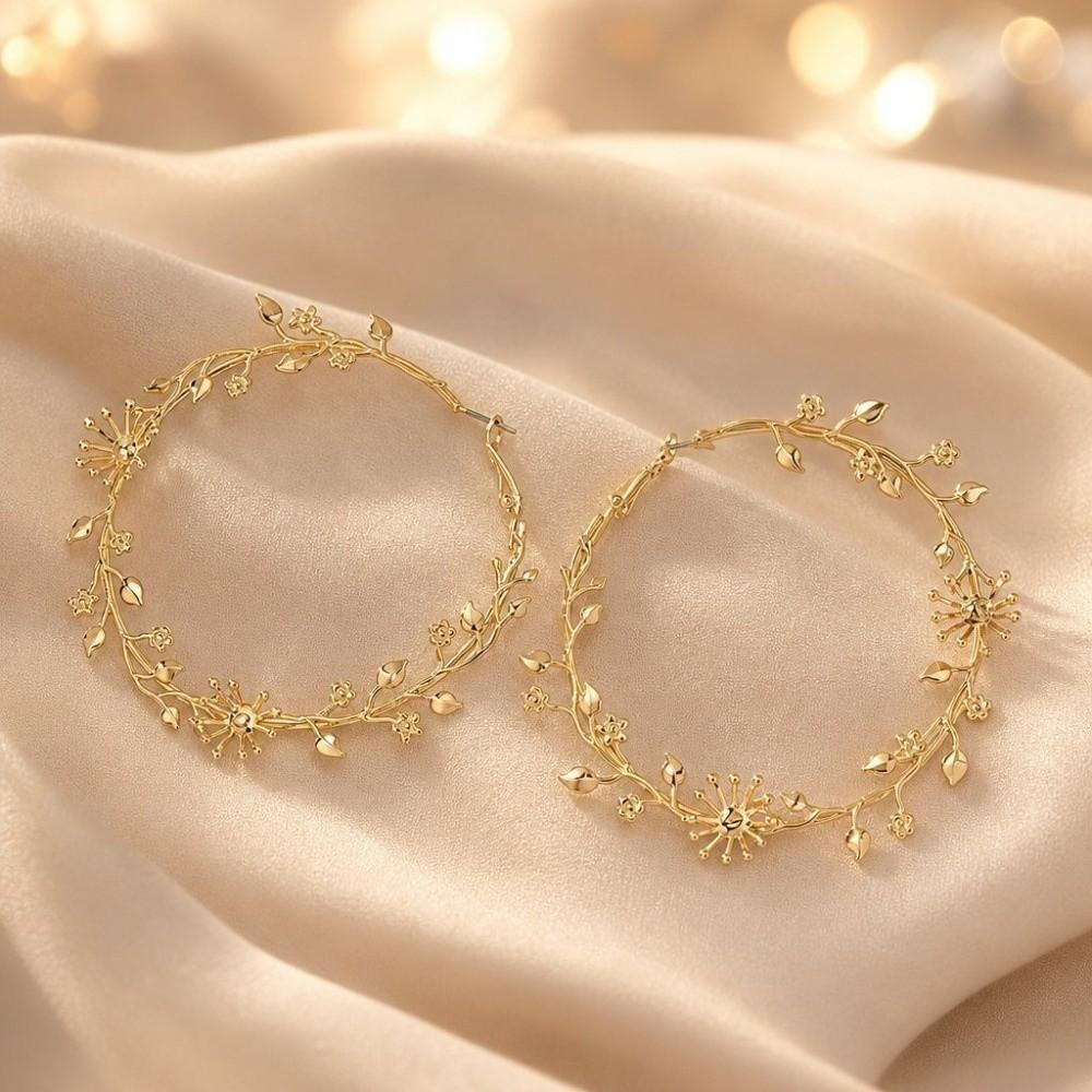 1 Pair Gold Plated Rose Flower Hoop Earring Metal Stud Hoop Earring Women's Fashion Accessory