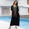 Elegant Premium Embroidered Plus Size Black Kaftan 2024 Women Loose House Robe Summer Beach Long Dress Swimsuit Cover Up Q1709