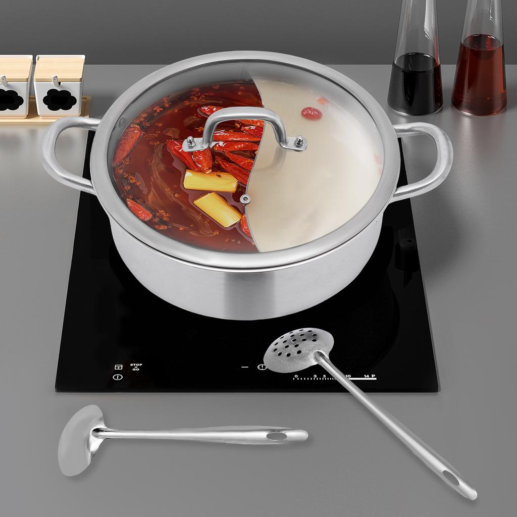 32cm Stainless Steel Hot Pot with Divider, Dual-Sided Cooking Pot, 304 Stainless Steel Pot with Glass Lid, Soup Spoon & Strainer