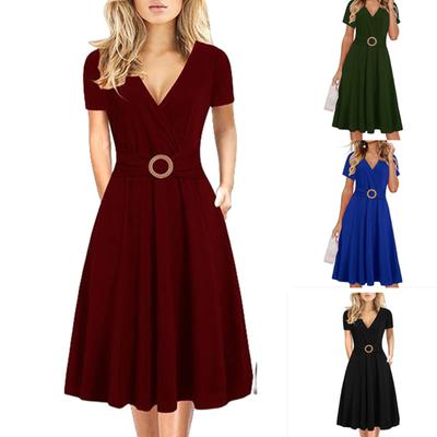 Женское однотонное удобное свободное платье с v-образным вырезом и короткими рукавами