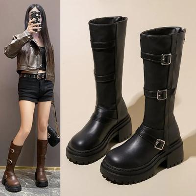 Модные Большие размеры 35-40 2024 Новые зимние джинсовые сапоги женские ретро коричневые с пряжкой на ремне и круглым носком высокие сапоги длиной до колена Zapatos Mujer