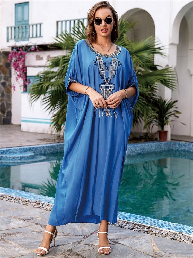 EDOLYNSA Ретро вышивка с круглым вырезом и рукавами «летучая мышь» кафтан Платье Пляжная одежда Купальник накидки 2024 Женский летний халат больших размеров Q1585
